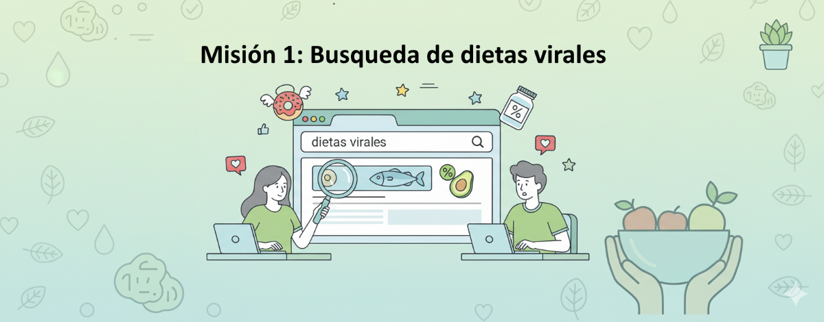 Un dibujo de una alumna y un alumno buscando con sus ordenadores dietas"