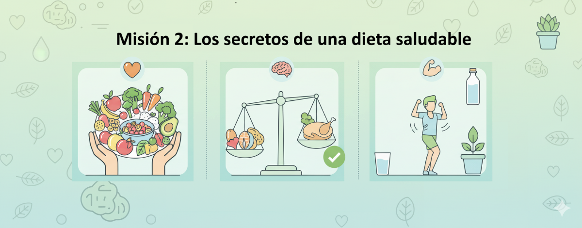 un plato con comida variada, una balanza y ejercicio y agua